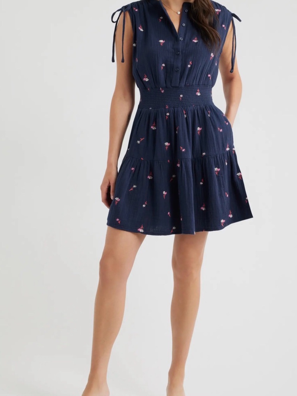 Navy Floral Embroidered Sleeveless Cotton Gauze Dress